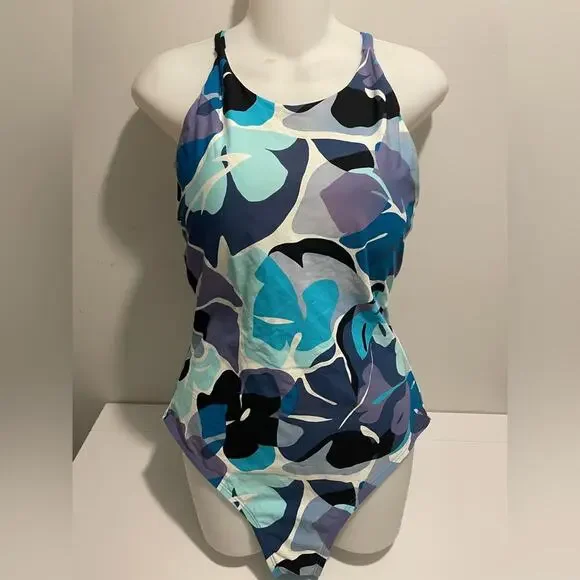Nautica Brand Blue Purple Floral One Piece Swimsuit Size XL Cross Back - Picture 1 of 6